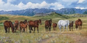Herd of horses standing in open valley grasslands with distant blue mountains, original equine painting by Kim Penner.