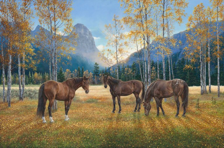 Horses grazing in a golden aspen meadow with mountain cliffs in soft morning light, equine autumn painting.