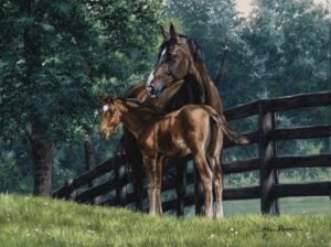 Mare guiding her foal along a wooden fence in a grassy pasture, original equine painting by Kim Penner.