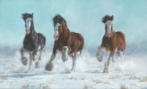 Three horses running through deep snow with dramatic motion and winter atmosphere.