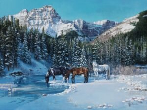Horses standing beside a frozen river with snowy evergreen forest and mountains, original equine painting by Kim Penner.