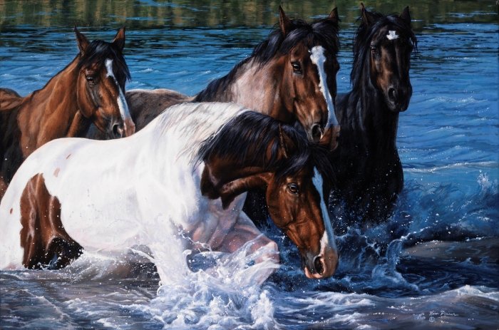 Herd of horses running through a flowing river with splashing water and forest backdrop, original equine painting by Kim Penner.