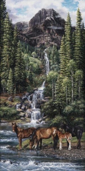 Horses standing beside a cascading mountain waterfall surrounded by tall pine trees, original equine painting by Kim Penner.