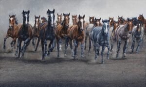 Herd of horses trotting through soft dust and gray morning light, original equine painting by Kim Penner.
