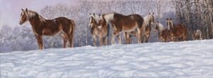 Horses standing together in deep winter snow with frosted trees, original equine painting by Kim Penner.