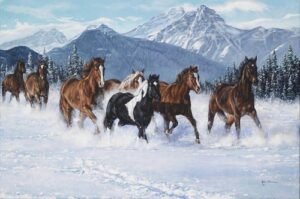 Horses galloping through deep snow with snowy mountains behind them, original equine painting by Kim Penner.