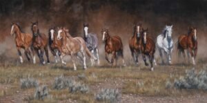Herd of horses galloping across dry sagebrush terrain with dust rising behind them, original equine painting by Kim Penner.