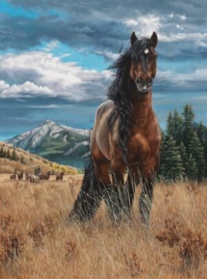 Bay horse standing alert in a mountain meadow with dramatic clouds and distant peaks, original equine painting by Kim Penner.