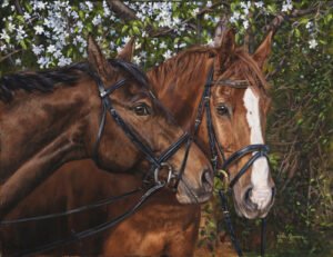 Two harnessed horses standing side by side under leafy summer branches, original equine painting by Kim Penner.