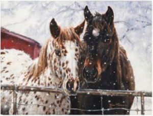 Horses standing by a fence during falling snow in a winter paddock, original equine painting by Kim Penner.