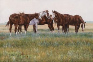Group of horses standing together in a grassy meadow with soft horizon, original equine painting by Kim Penner.