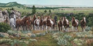 Herd of horses walking across wide green prairie under open sky, original equine painting by Kim Penner.