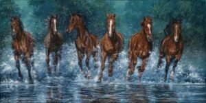 Horses galloping through shallow water with splashes rising and forest background, original equine painting by Kim Penner.