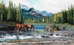Horses drinking from a shallow mountain river with pine forest and snowcapped peaks, original equine painting by Kim Penner.