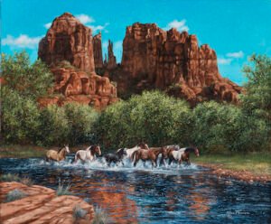 Horses running through a river with tall red rock canyon cliffs behind them, original equine painting by Kim Penner.