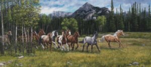 Herd of horses trotting across an open alpine valley with tall mountains behind, original equine painting by Kim Penner.