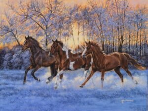 Horses running through snowy winter ground with warm sunrise filtering through trees, original equine painting by Kim Penner.