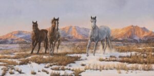 Horses walking through a frosted field with sunrise-lit mountains behind, original equine painting by Kim Penner.