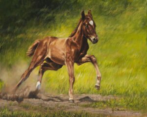 Chestnut foal running energetically through bright green grass, original equine painting by Kim Penner.