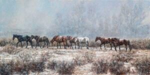 “Herd of horses walking across a misty prairie landscape with pale sky, original equine painting by Kim Penner.