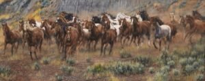 Herd of horses galloping across dusty terrain with motion blur and rugged hills, original equine painting by Kim Penner.