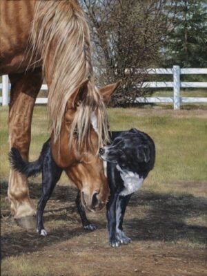 Mare touching noses with a small black dog beside a white fence, original equine painting by Kim Penner.